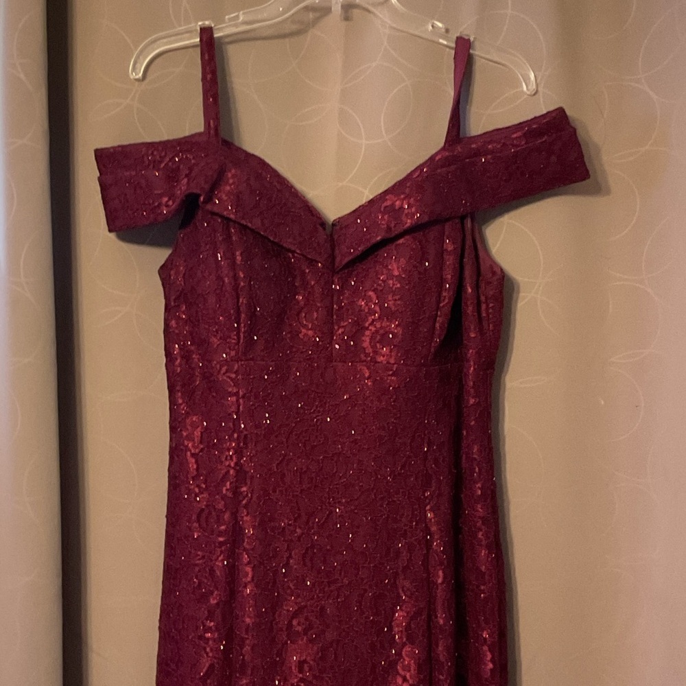 R&M Richards Burgundy One-Shoulder Lace Evening Gown